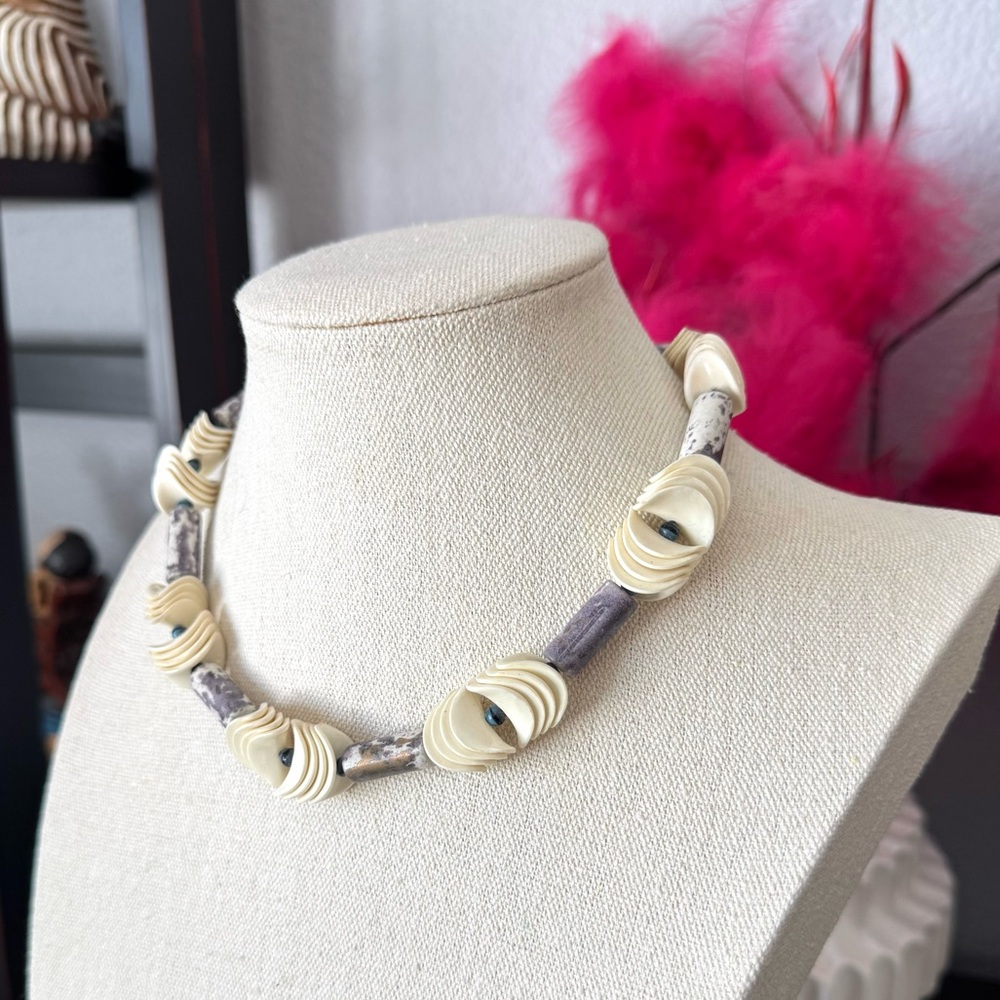 Artisan Cream and Purple Beaded Necklace - Picture 2 of 6